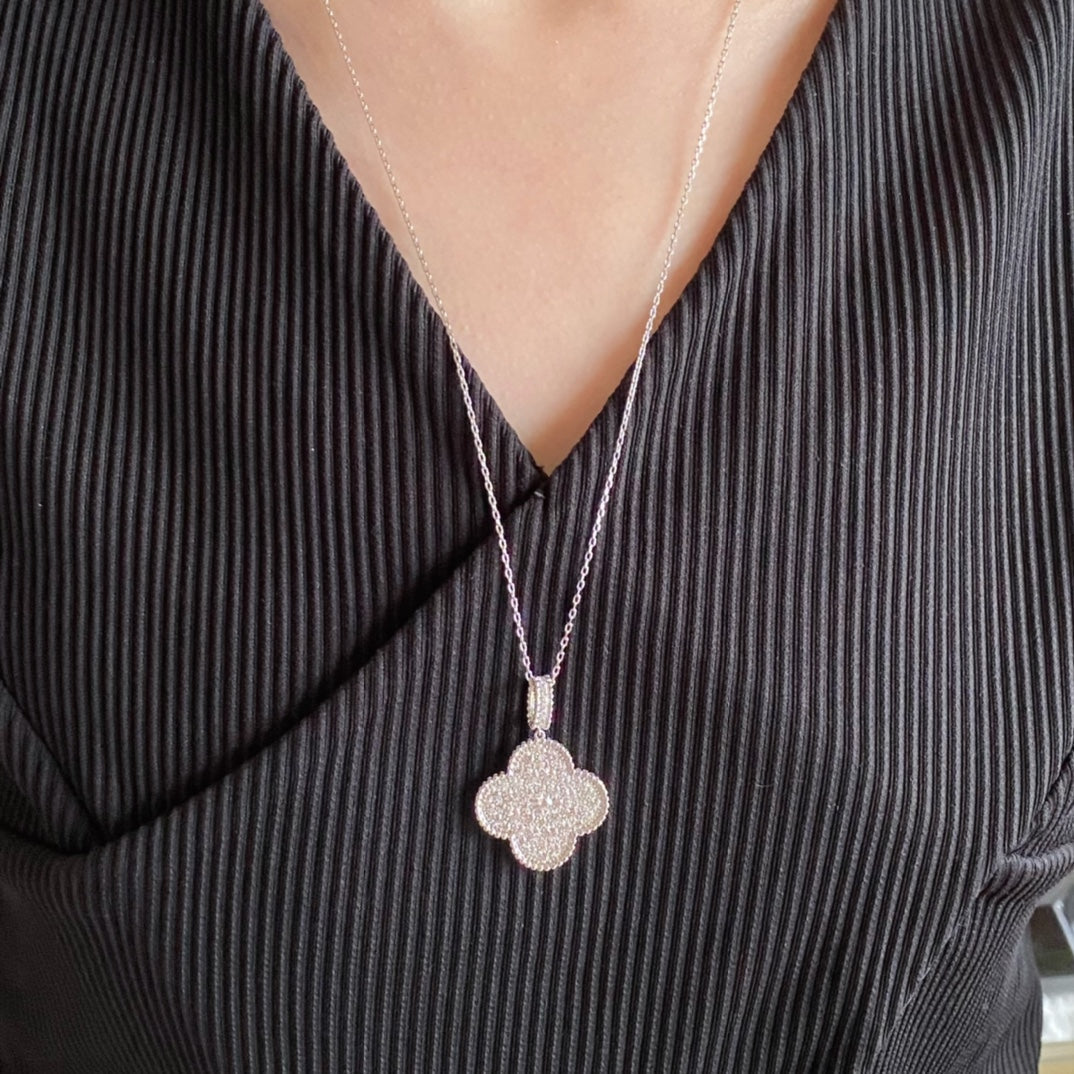 VCA CLOVER 25MM LARGE PEDANT DIAMOND PAVED LONG NECKLACE